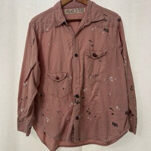 Magnolia Pearl  Dusty Rose Splatter Flannel Shirt with Rainbow and Embroidery